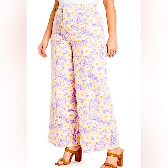 Eloquii Pants - Eloquii Wide Leg Floral Pants in Lavender and Yellow